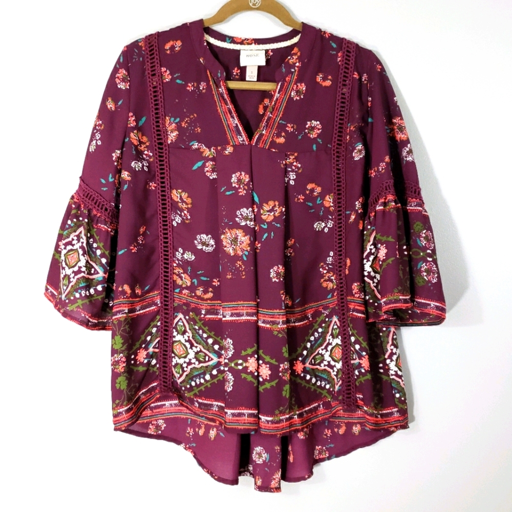 KNOX ROSE floral boho bell sleeve peasant blouse